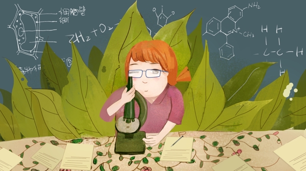 教师节生物老师和显微镜下的植物手绘