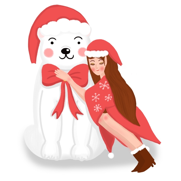 手绘可爱圣诞节北极熊和女孩精灵靠在一起