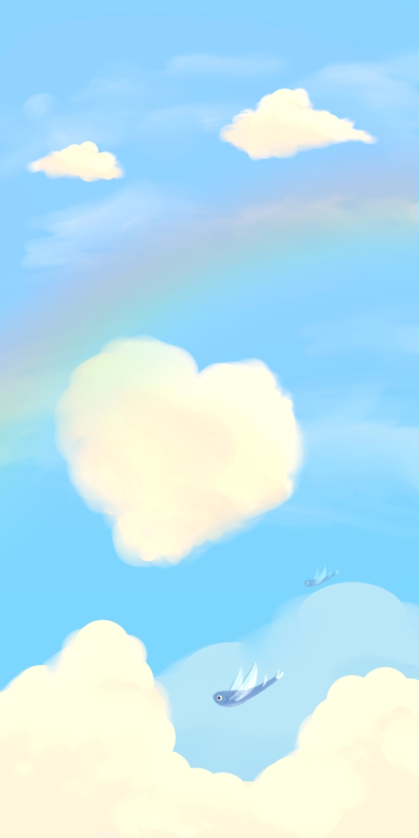 动漫手绘天空云朵飞鱼彩虹手机