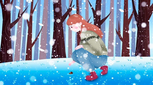 冬季树林小雪女孩游玩插画