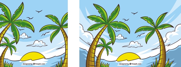 棕榈树和手绘海滩的背景