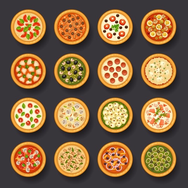 16款美味披萨俯视图矢量素材
