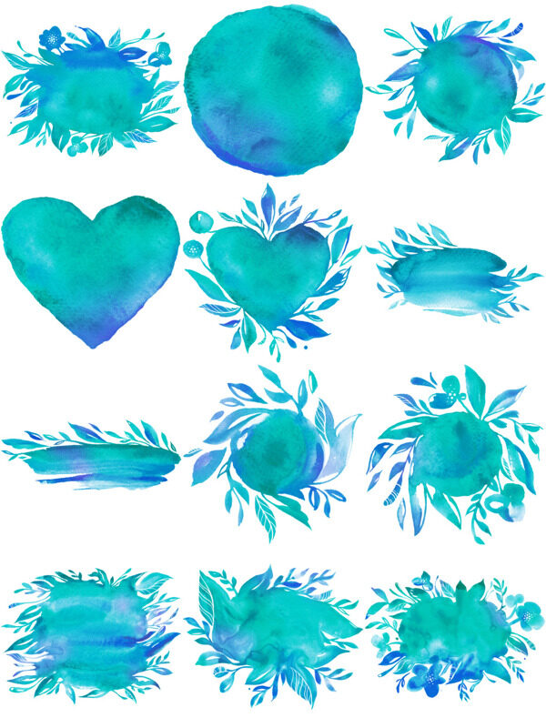 创意水彩绘爱心和植物插画