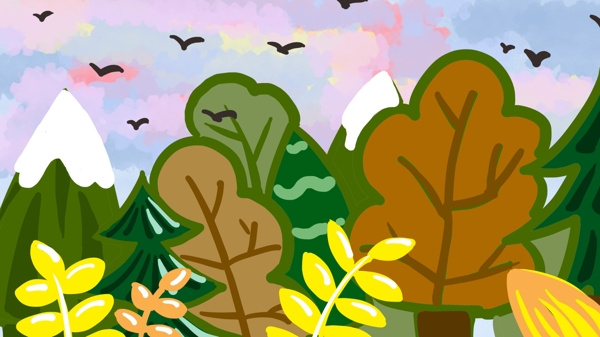 五彩天空中的燕子彩色叶子卡通背景