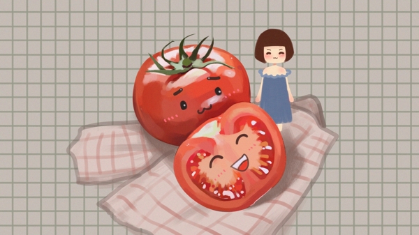 夏天你好插画之可爱番茄与少女清新软萌