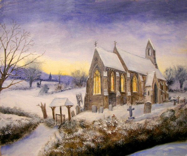 油画冬天的教堂图片