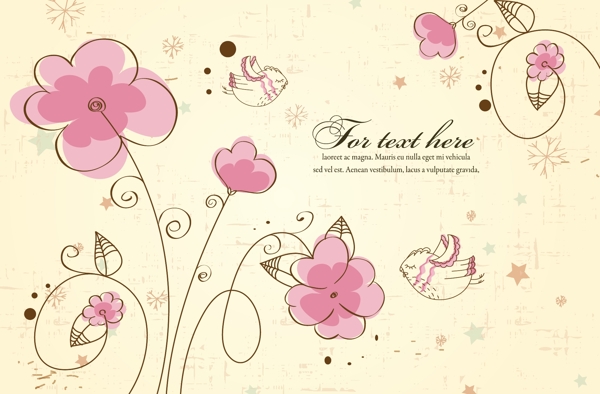 粉色花朵卷曲花纹与小鸟