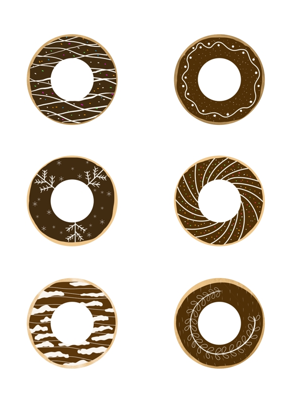手绘棕色巧克力甜甜圈甜品甜点美食元素合集