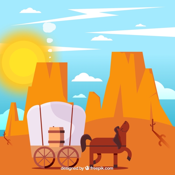 卡通西部沙漠背景与马车