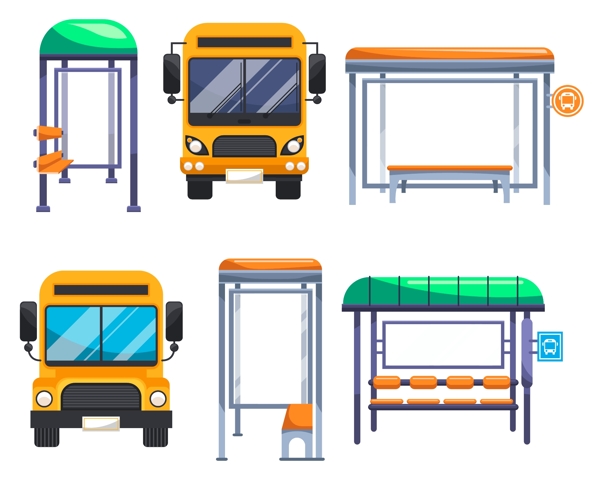 扁平化的公交车和站台素材