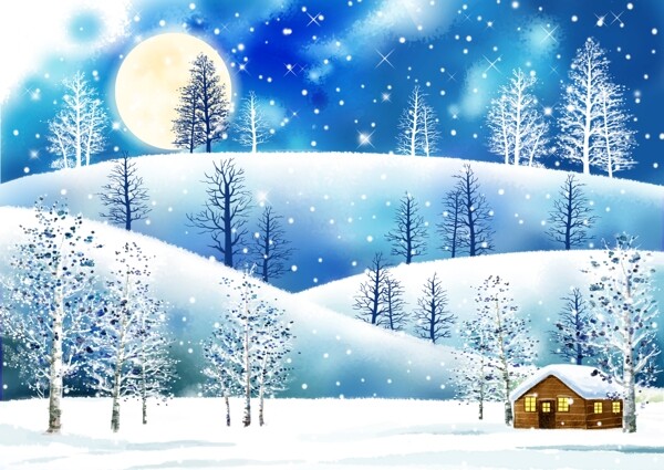 冬天雪屋郊外风景插画图片