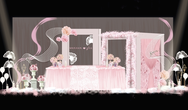 粉色婚礼甜品区效果图