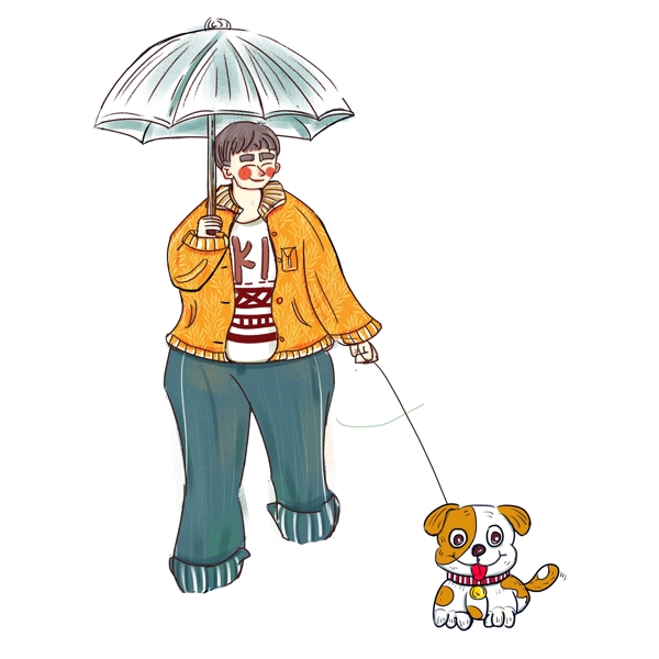打伞的男孩和狗png元素
