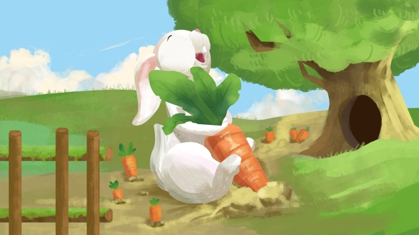 萌宠小兔子田园里拔萝卜