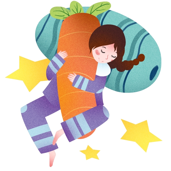 抱着胡萝卜玩偶睡觉的女孩插画