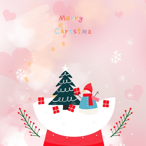 可爱的粉色背景爱雪花圣诞雪人音乐盒