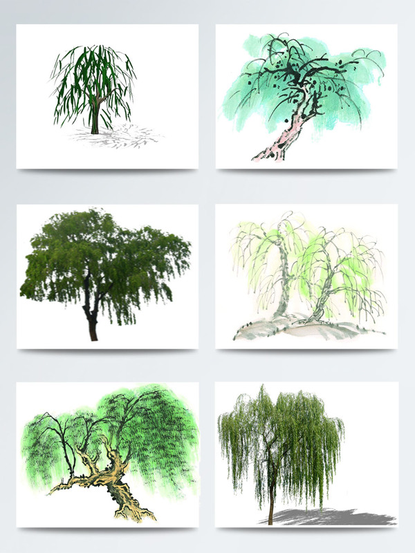 手绘柳树中国风水墨画