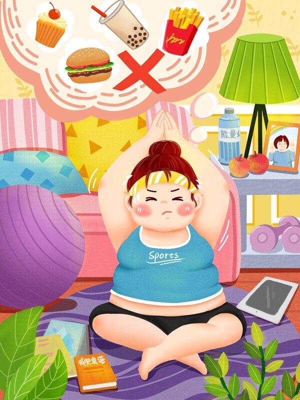 燃烧卡路里胖女孩瑜伽运动减肥清新手绘插画