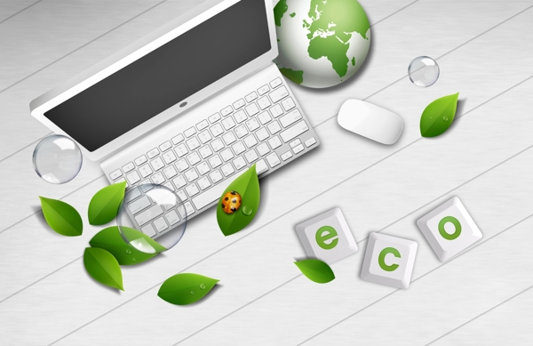 绿叶地球与笔记本电脑