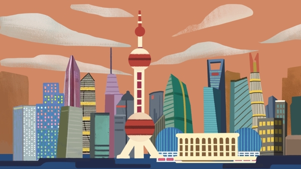 上海城市地标插画卡通背景素材