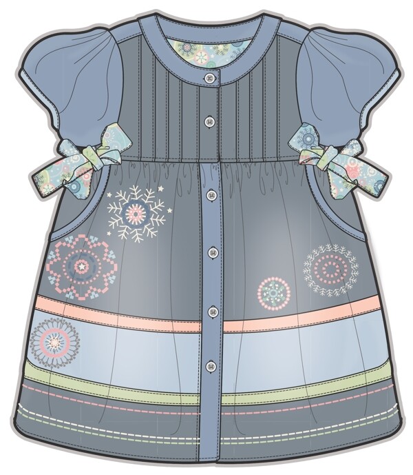 牛仔短袖女宝宝服装设计彩色稿件矢量素材