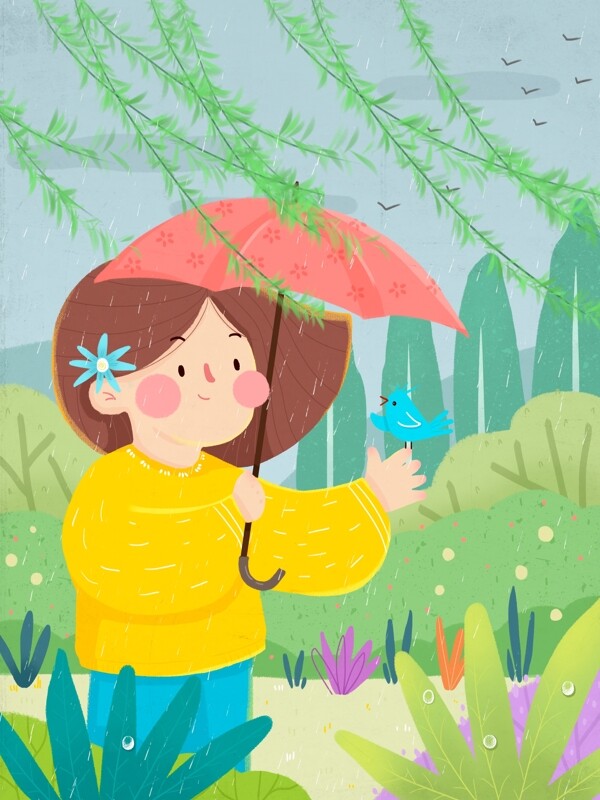 春天下雨万物生长谷雨节气女孩与小鸟