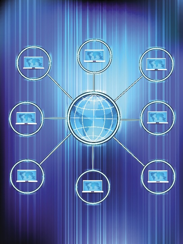 社会媒体网络的连接和通信在全球有光泽的蓝色背景上的网络图标矢量插图