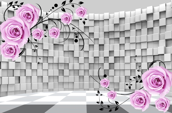 3D玫瑰花弧形立体背景墙效果