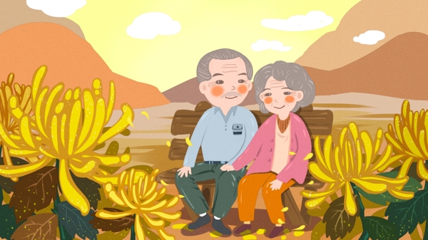 重阳节坐在长椅上赏菊的爷爷奶奶原创插画