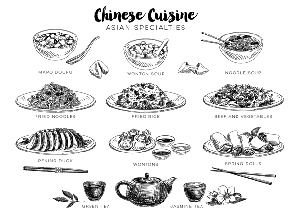 黑白中式手绘美食插画