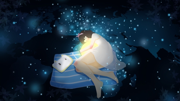 晚安世界抱月亮的女孩插画