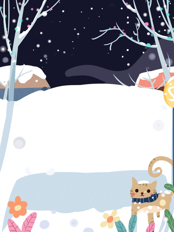 手绘冬季雪地猫咪背景设计