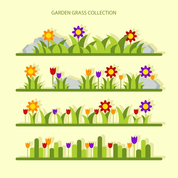 4款彩色花园花草设计矢量素材