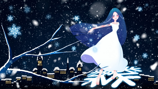 夜空中雪花上的女孩小清新插画