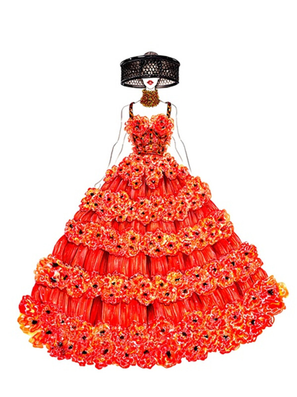橙色花朵吊带礼服设计图