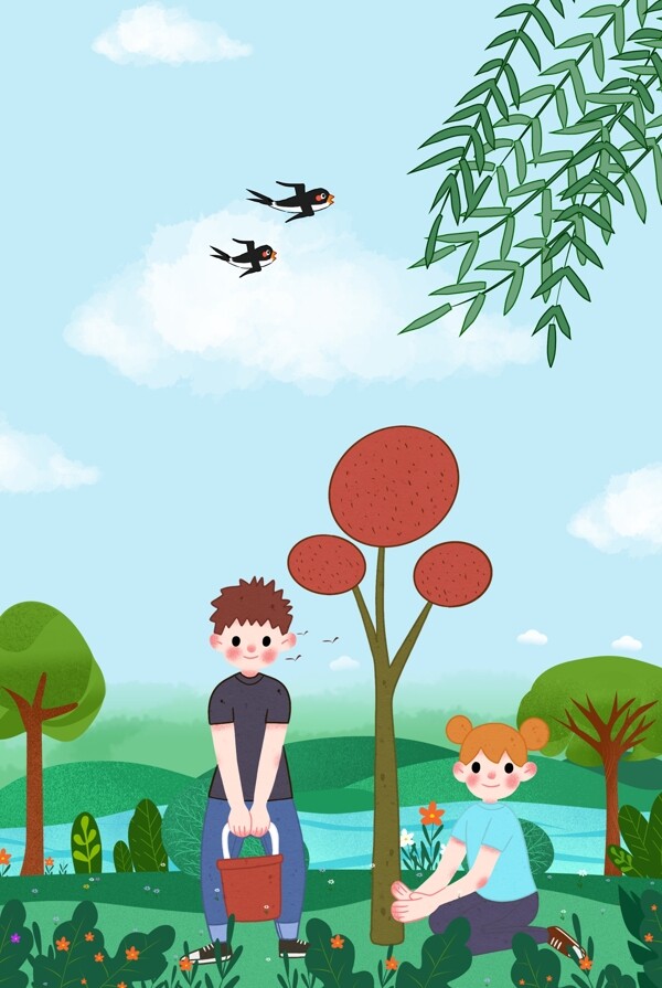 插画风格3.12植树节海报