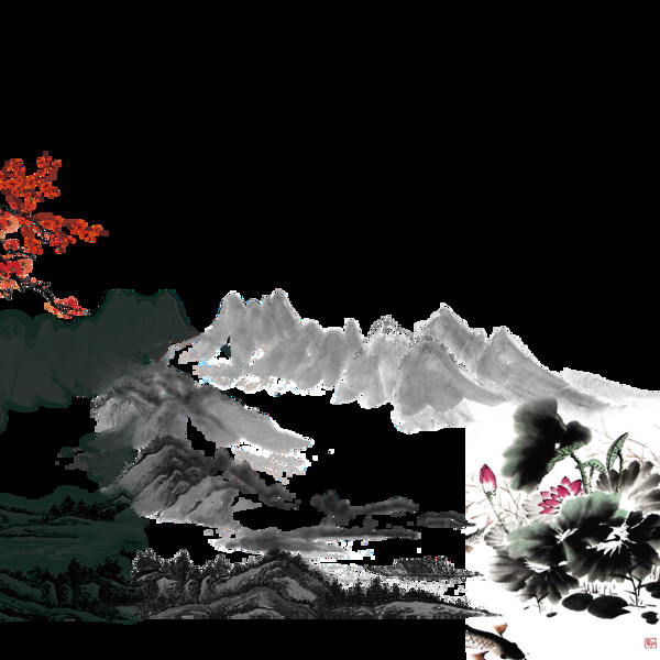 中国风暗红色花朵水墨山水装饰元素