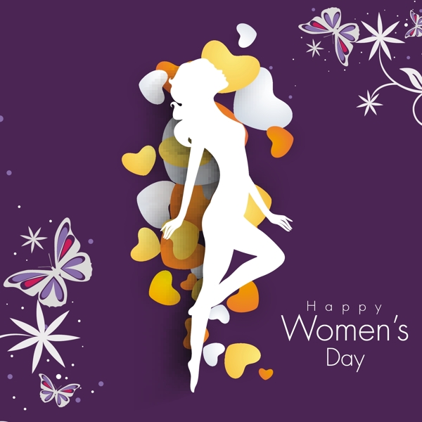 三八妇女节贺卡或海报上的一个年轻女孩的紫色背景白色轮廓设计