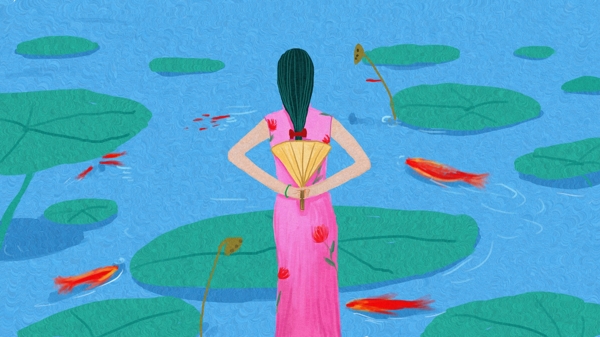 荷塘的旗袍女人原创插画