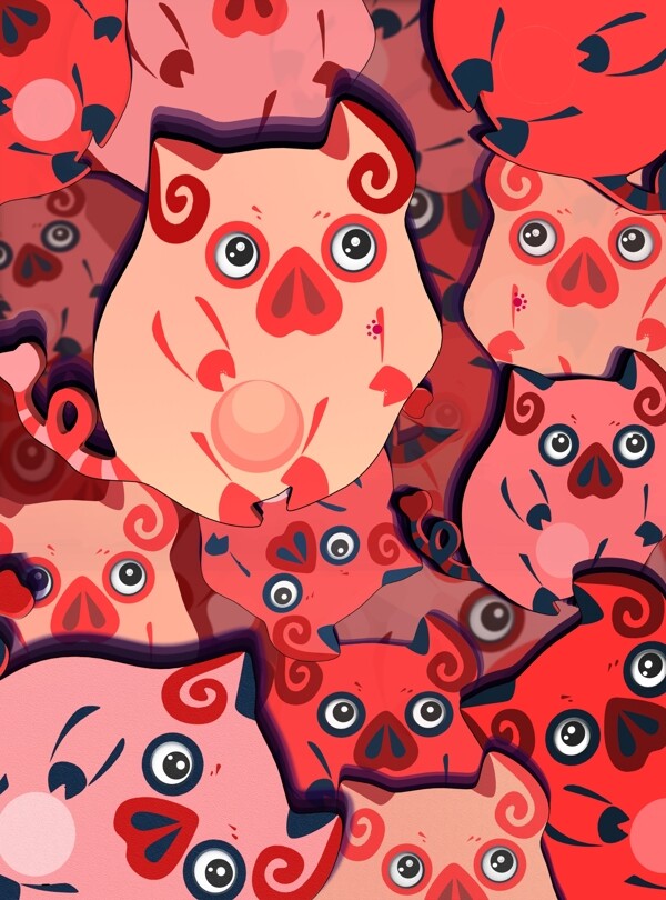 原创粉红色猪年动物猪卡通可爱形象插画