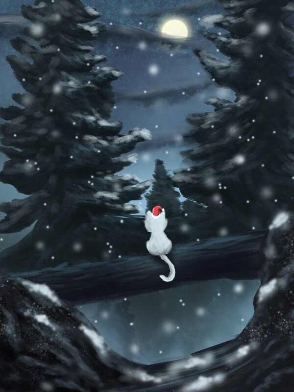 小雪在森林独自过圣诞节的小喵插画
