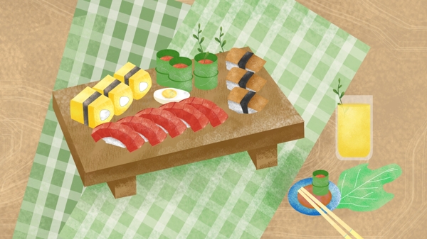 日式美食寿司和饮料晚餐插画