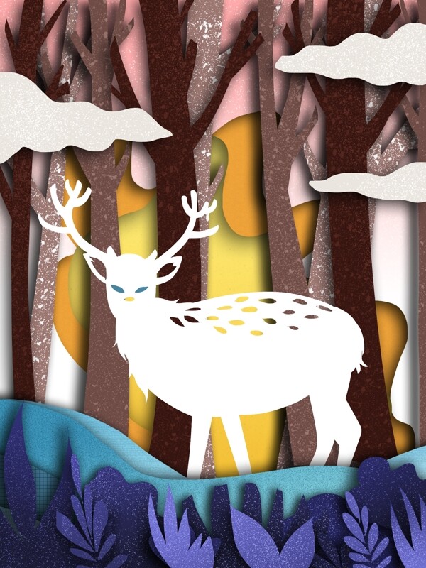 森林与鹿剪纸风简约原创插画