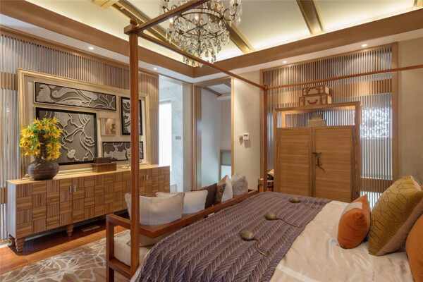 东南亚时尚卧室深色横条纹床品室内装修图