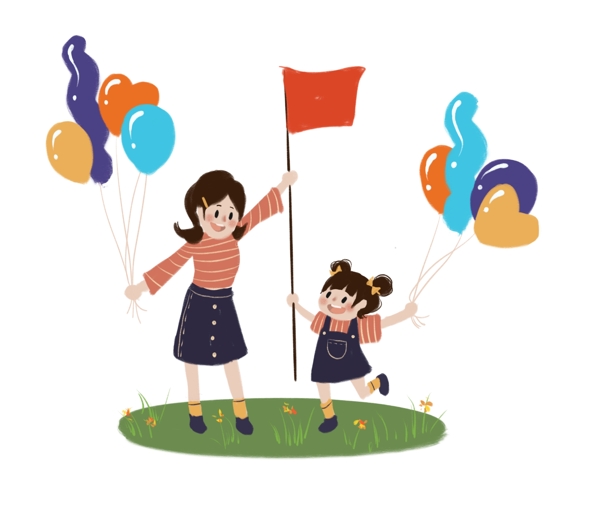 卡通手绘可爱母女草地亲子活动玩耍气球红旗
