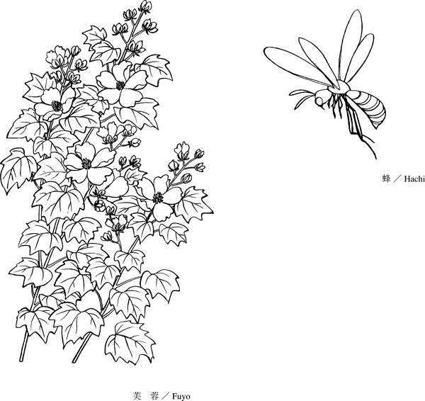 线描芙蓉蜜蜂矢量素材图片