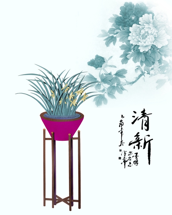 盆景兰花清新蓝色中国风