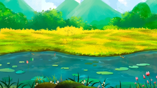 彩绘夏季荷塘远山背景素材