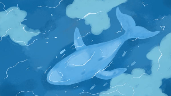 蓝色海洋中的游泳的蓝色鲸鱼卡通背景
