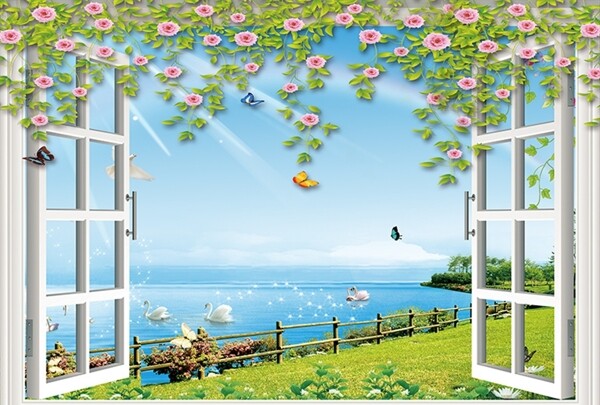 3D窗户花藤海滩背景墙
